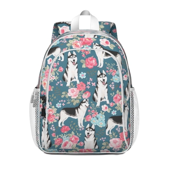 Husky Dog Flower Floral Backpack for School,Cute School Bag,Schoolbag with Adjustable Shoulder Straps & Padded Back,15"x11.42"x5.5"