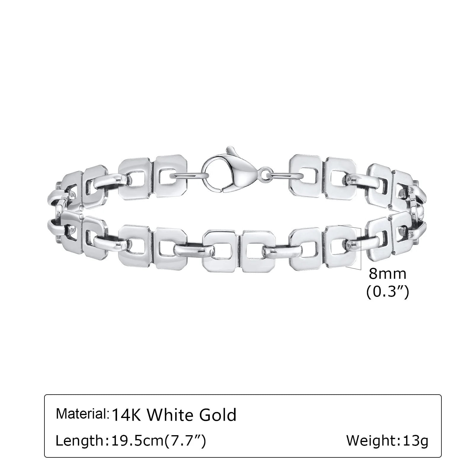 Casual Chain Bracelets for Men Boys,14K White Gold Waterproof 8 Chain Link Wristband with Lobster Buckle,Punk Jewelry Gift