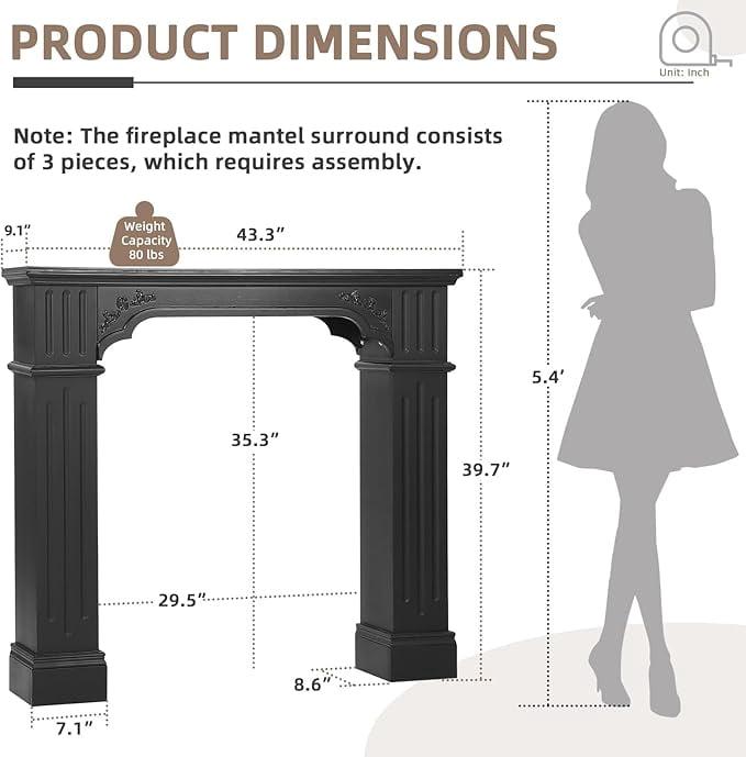 EPICOZY 43.3" Fireplace Mantel, Freestanding Fireplace Surround with Leg for Electric Fireplaces, MDF Mantel Surround with Shelf for Living Room with Decorative Pattern, Anti-Tipping & Waterproof