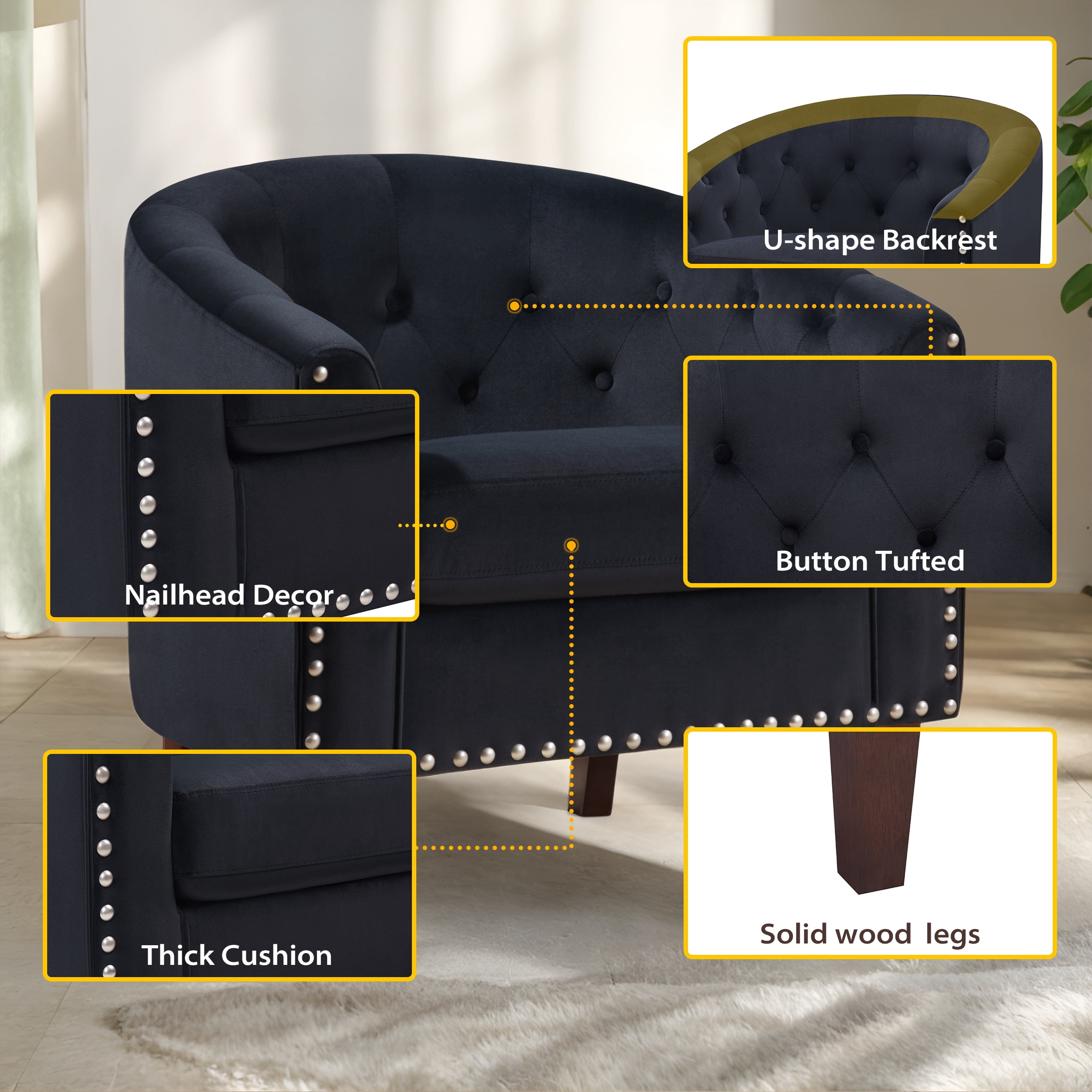 TrumanPick Accent Barrel Chair Velvet Upholstered Club Chair Nailhead Trim Armchair for Living Room, Black