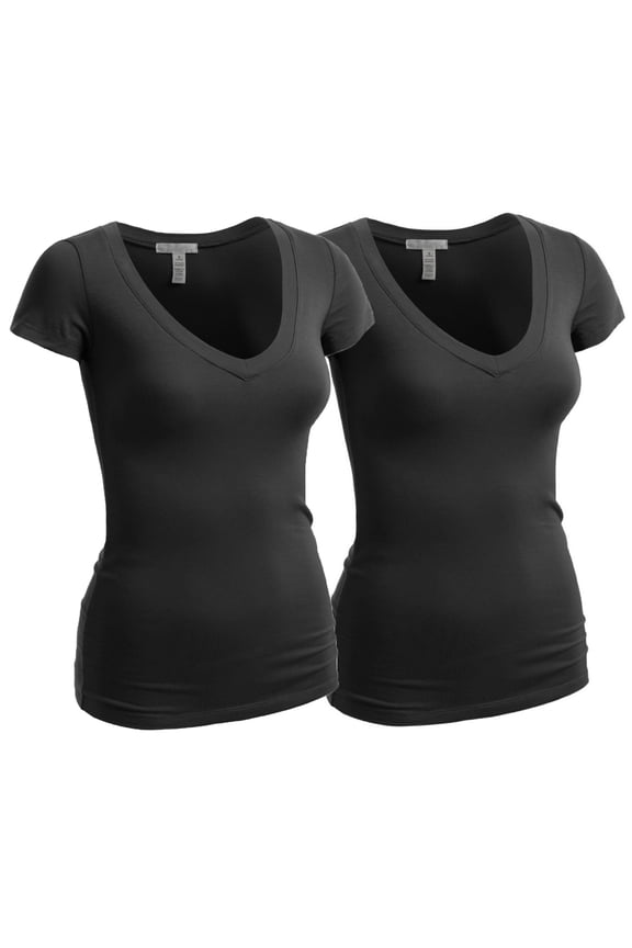 Women's Plain Short Sleeve V Neck T Shirts - 2Pk - Blk, Blk, M