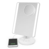 iHome Freestanding Mirror with Bluetooth Audio, LED Lighting, 10x Magnifier, USB Charging, 7"x9"