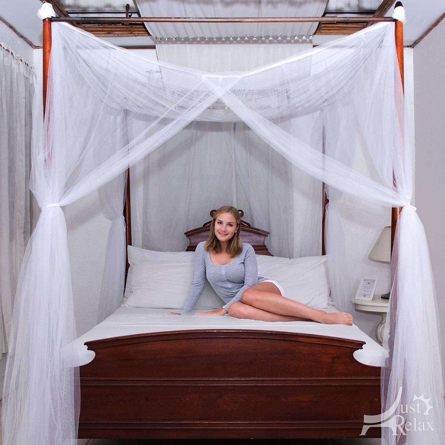 Just Relax Four Corner Post Decorative Elegant Bed Net Canopy Set, White, Full/Queen/King, 86.6x78.7x98.4 Inches
