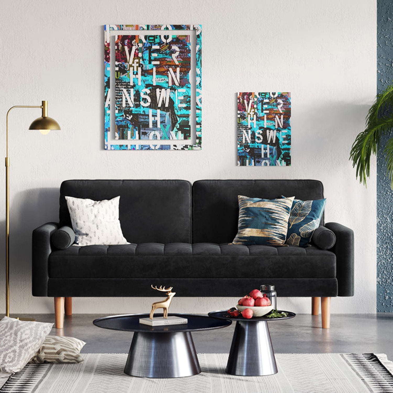 Neche Sofa for Living Room,Solid Wood Foot, 2 Seater Small Modern Loveseat Couch in a Box  - Black