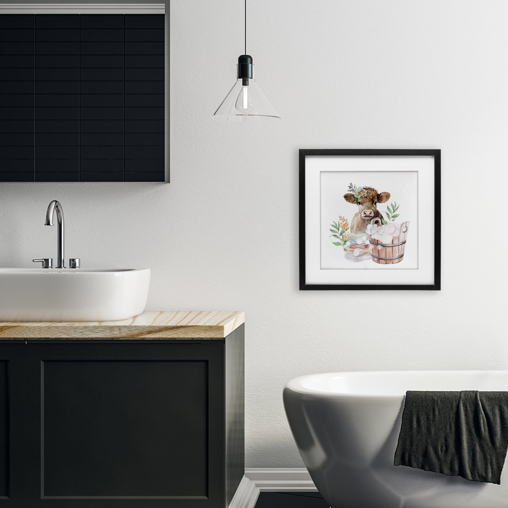 Laundry Day Baby Cow Black Framed Print Under Glass, design by Kim Allen