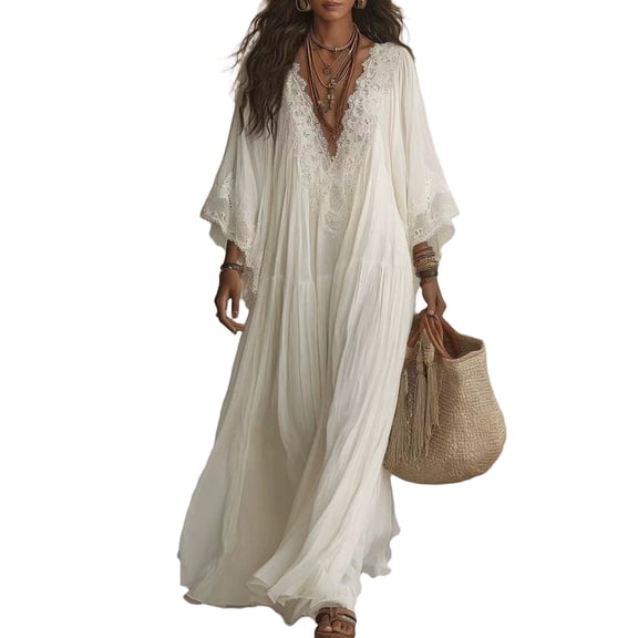 Women Boho Lace V Neck Flowy Maxi Dress, Bell Sleeve Loose Tiered Long Beach Cover Up Dress, Casual Summer Vacation Holiday Sundress for Travel,White,XL