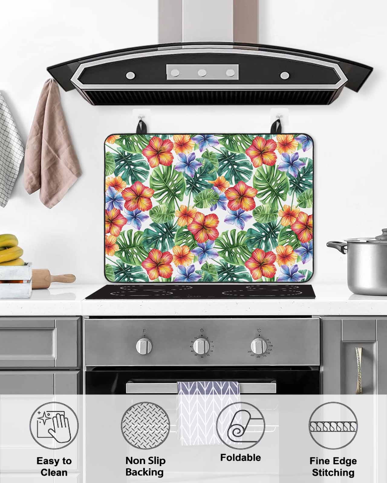 nqOlkjepod Large Induction Cooktop Protector Mat 36"x21", Tropical Botanical Stove Top Covers for Electric Stove, Summer Watercolor Leaves Floral Stove Burner Cover Mats, Glass Top Stove Cover