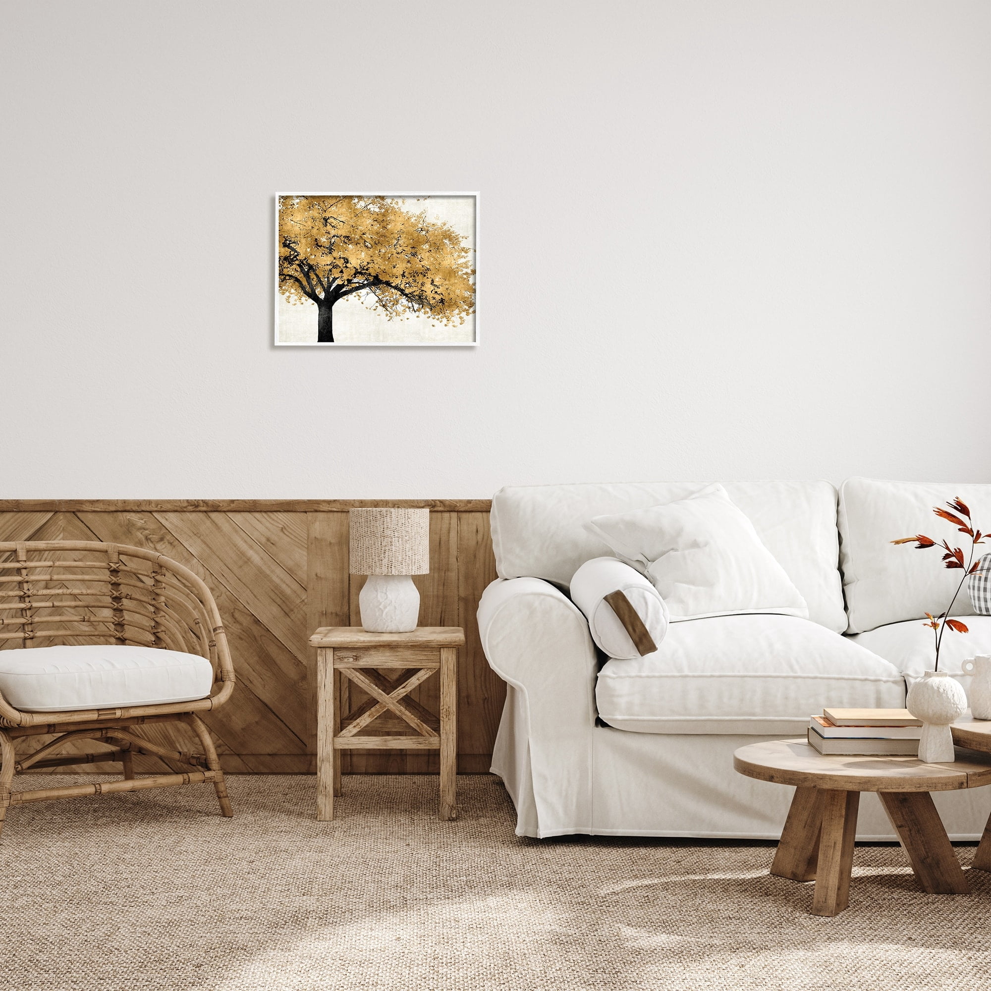 Stupell Industries Traditional Tree with Autumn Leaves over Neutral Graphic Art Framed Art Print Wall Art, 20x16, By Kate Bennet