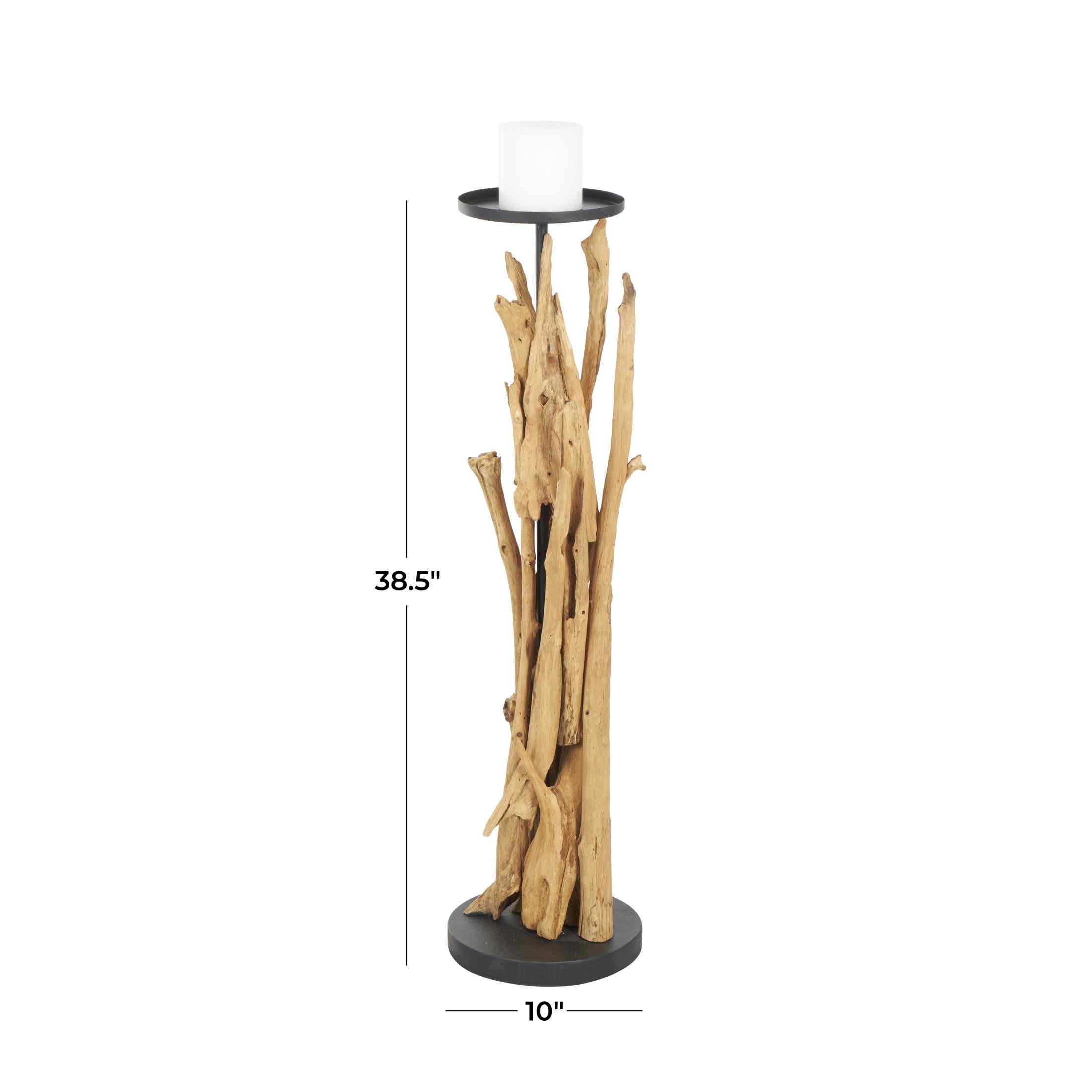 DecMode Brown Teak Wood Handmade Tall Tree Branch Floor Candle Holder with Black Metal Accents