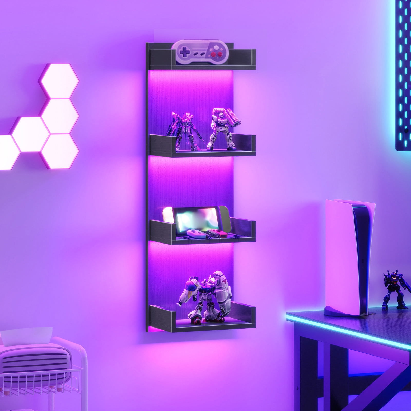 Vertical 4-Tier LED Floating Wall Shelves, Black