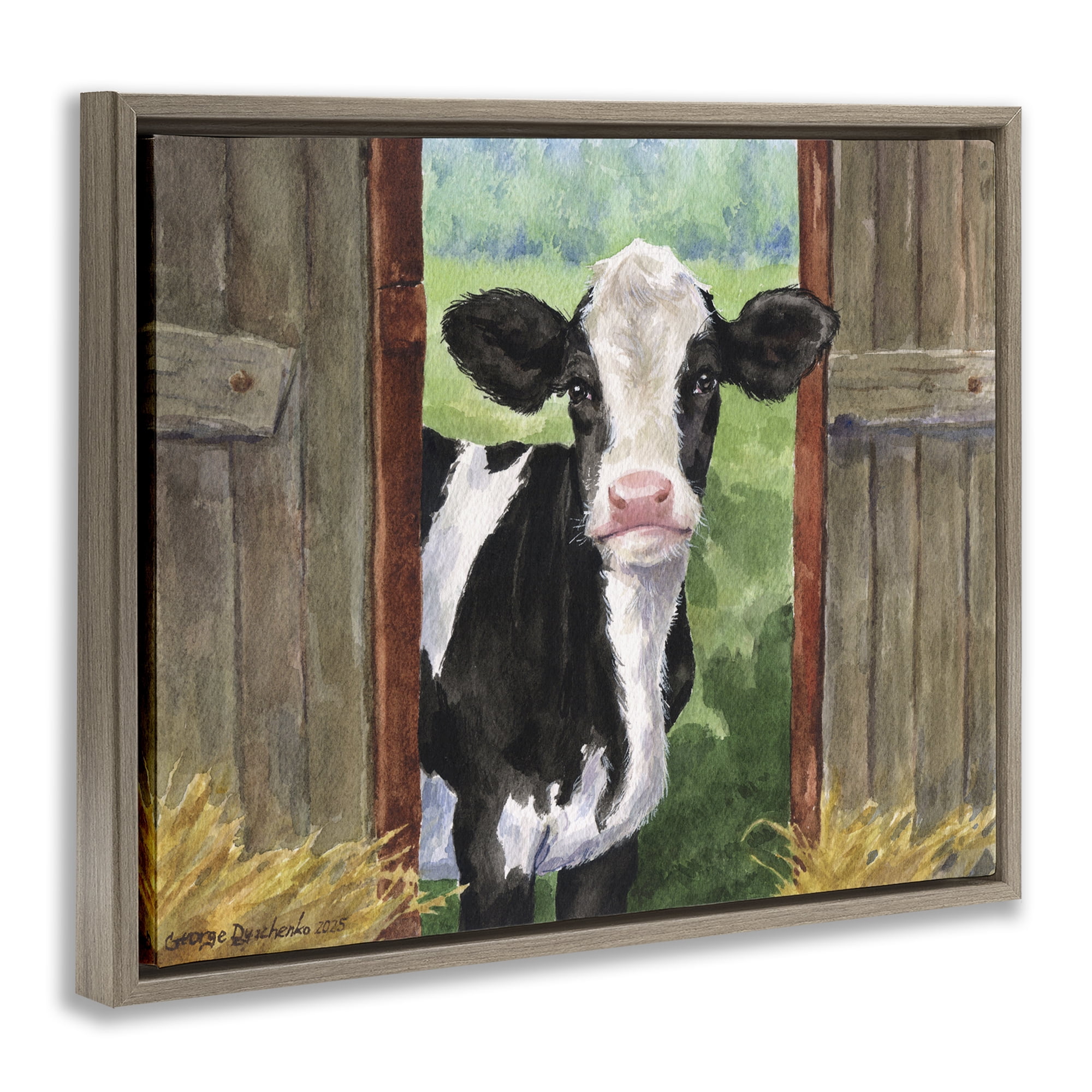Stupell Industries Cow in Wooden Gate Brown Framed Floater Canvas Wall Art, design by George Dyachenko