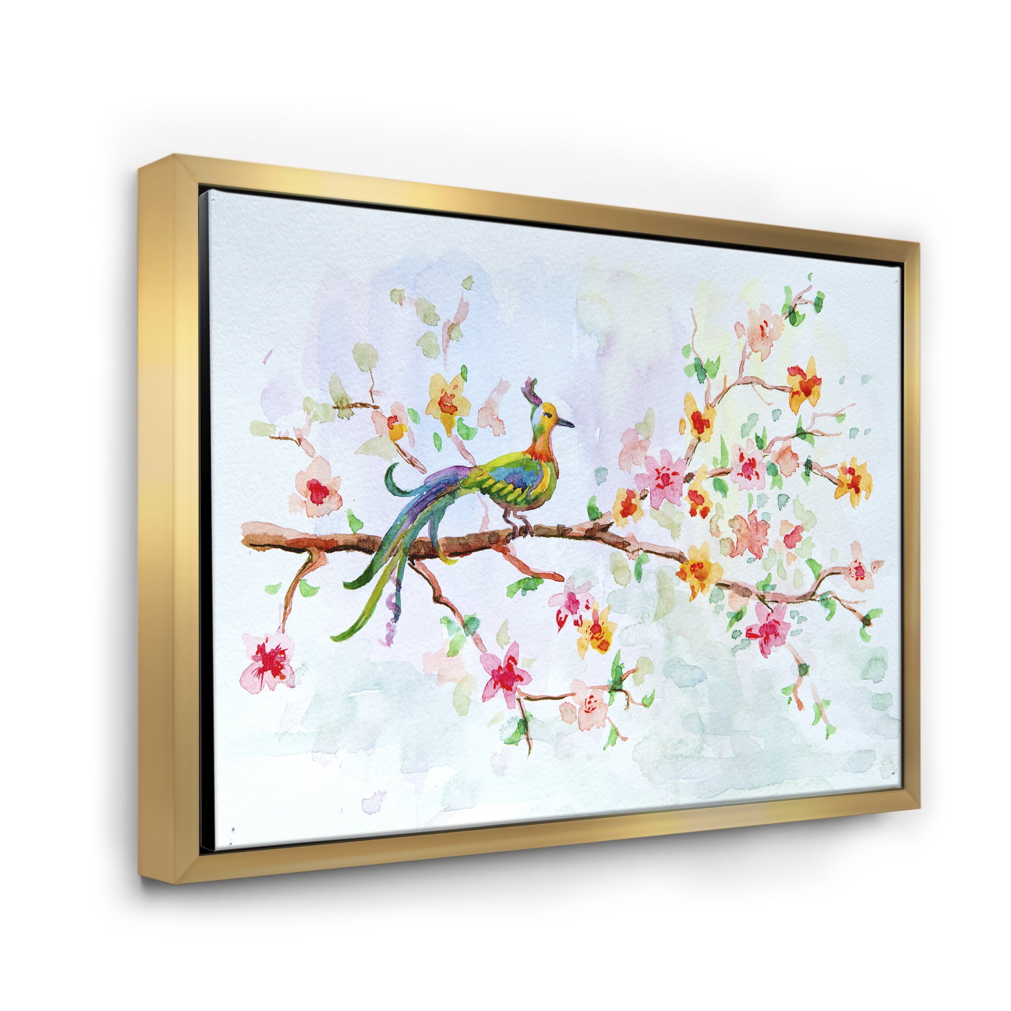 Designart 'Little Bird Sitting On Blooming Branch' Traditional Framed Canvas Wall Art Print