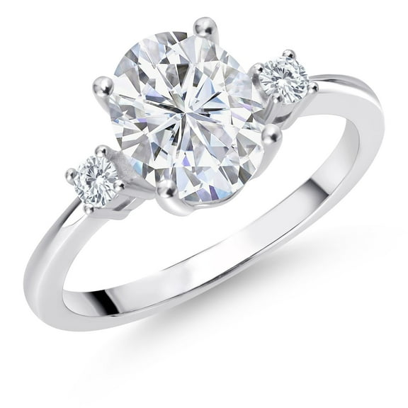 Gem Stone King 925 Sterling Silver CZ Simulated Diamond 3 Stone Engagement Ring for Women (3.15 Cttw, Oval 9X7MM, Round 2.5MM, Available in Size 5,6,7,8,9)