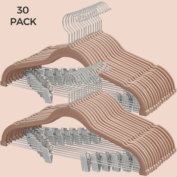 Velvet Skirt Pants Hangers 30 Packs Velvet Hangers with Adjustable Clips Non Slip Space Saving Clothes Hangers for Skirts Pant Pale Brown