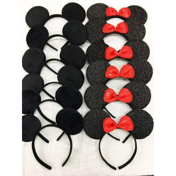 Set of 12 Minnie Ears, Disney Ears, Mickey Ears, Disney Theme Party,  One Size Fits All (6 Black w/Red Bow & 6 Plain Black)