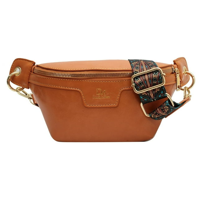 Retro Leather Fanny Pack Ladies Wide Strap Travel Crossbody Shoulder Bag (Brown)