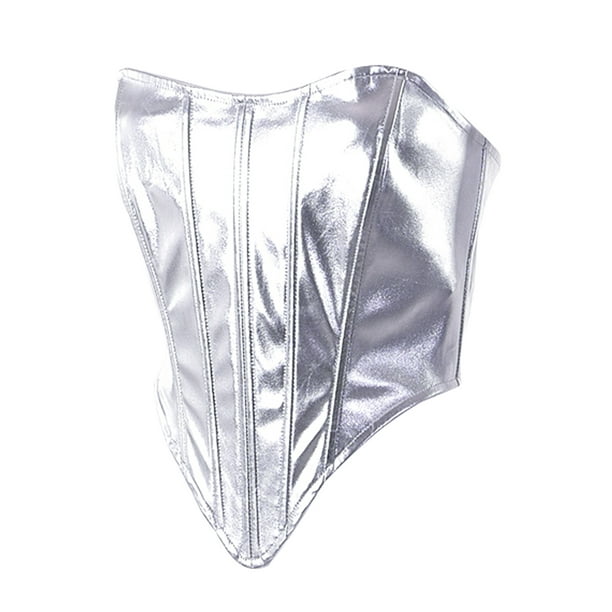 WIFORNT Women's Corset Tube Tops, Shiny Metallic Strapless Cross Tie-up  BackIrregular Hem Bustier 