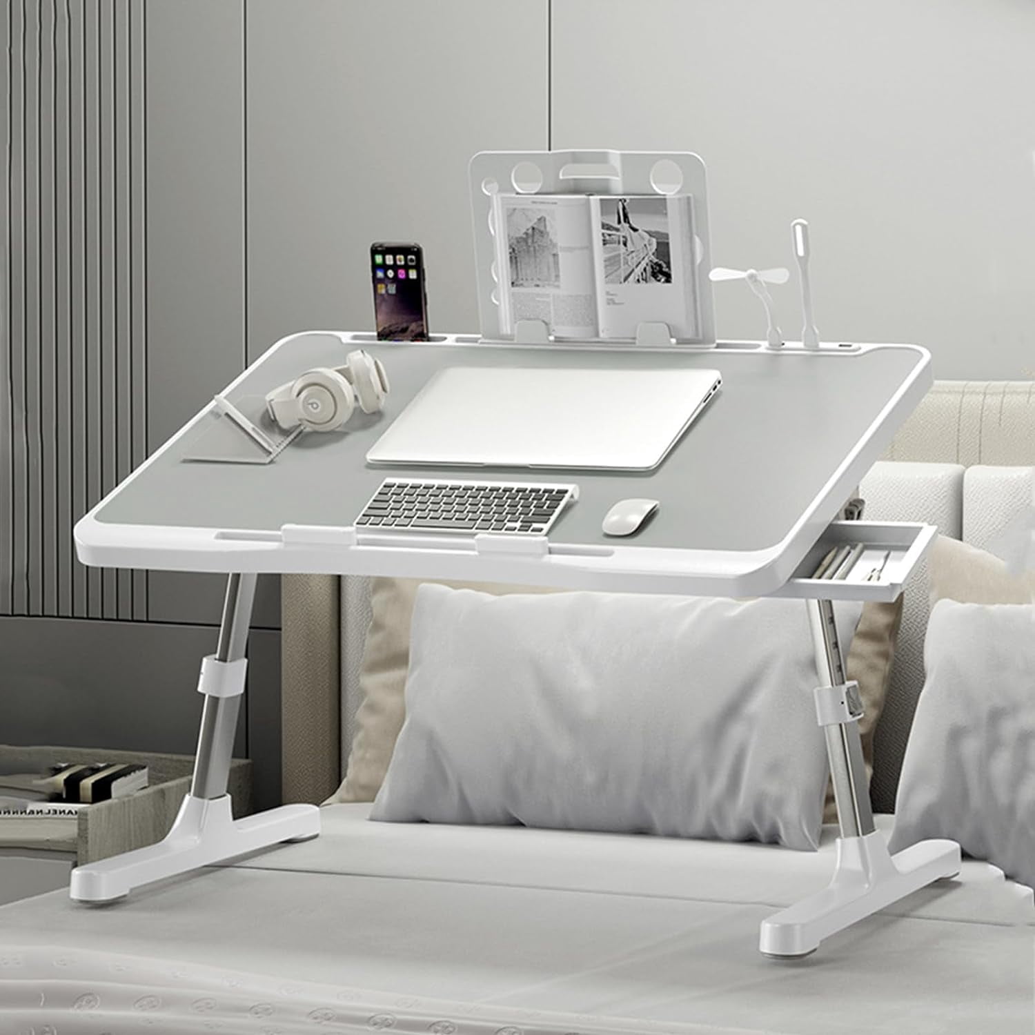 Laptop Desk for Bed, Adjustable Beds Table with USB Charge Port, Foldable Laptop Table with Storage Drawer, Portable Laptop Bed Desk Tray for Eating Working Writing Reading (Yellow)