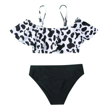 FAFWYP Girls' Summer Two-Piece Swimsuit Cute Sling Ruffle Cow Printed Bathing Suit Solid High Waist Swimming Trunks Beach Swimwear