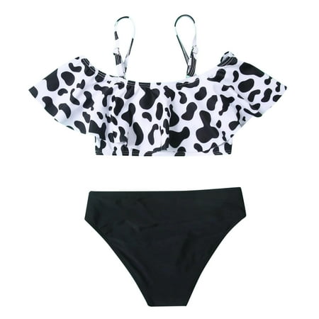 

Toddler Girl Cow Print Suspender Solid Color Shorts Summer 2PCS Swimsuit Bathing Suit Toddler Girl