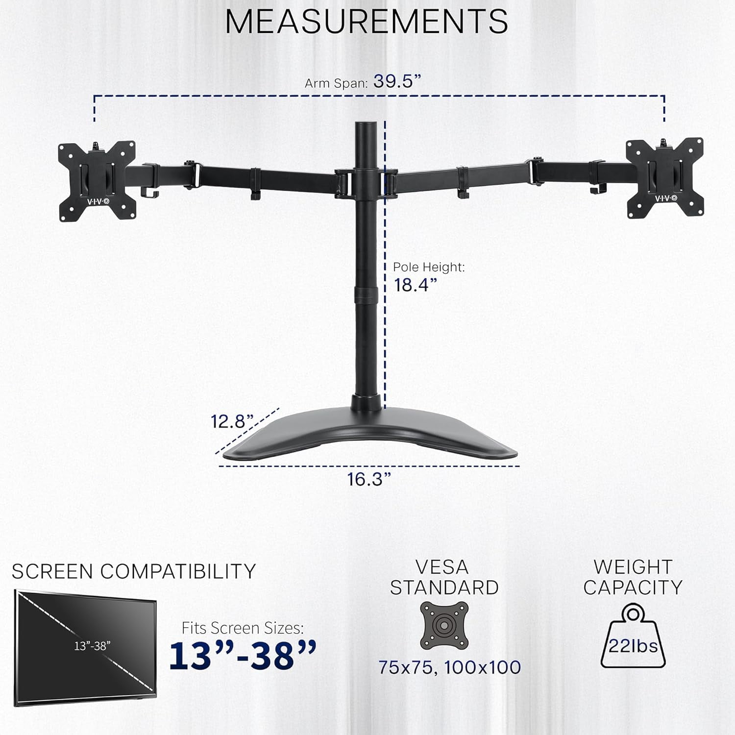 Dual Ultrawide Monitor Mount -Standing Desk Stand for 2 Screens  to 38 Inches Heavy-Duty Adjustable Arms  VESA 100x100mm Black STAND-V038F