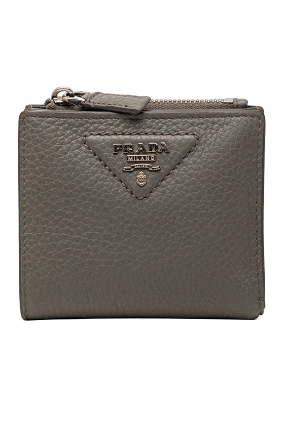 Pre-Owned Prada Triangle Logo Bi-fold Wallet Compact Gray Vitello Daino Leather Women's PRADA