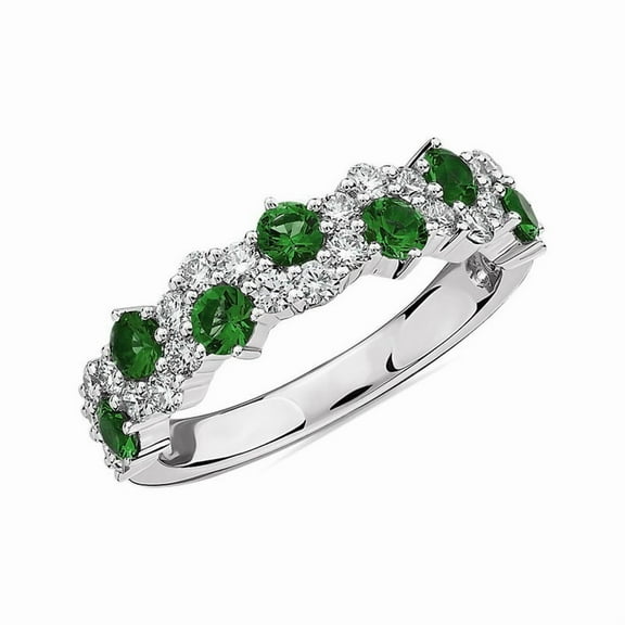Gemstone Eternity Band, Half Eternity Diamond Wedding Band, Anniversary Diamond Band, Matching Band For Solitaire Gemstone Ring, 14K White Gold Plated, 2.2 Ct Simulated Diamond And Emerald