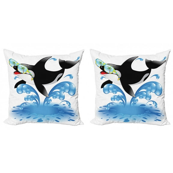 Ambesonne Funny Throw Pillow Cover 2 Pack, Whale with Sunglasses, 24", Black Blue