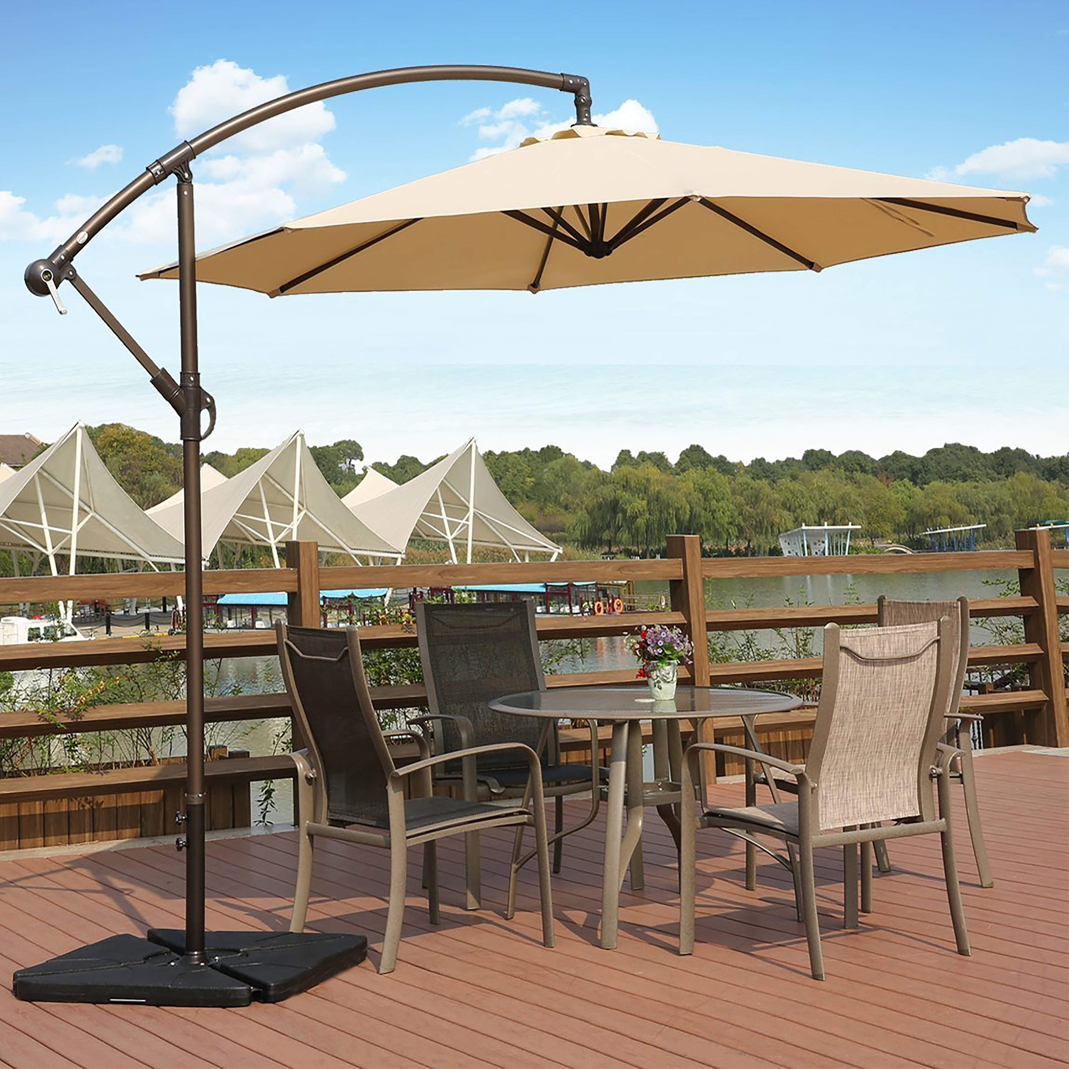 Cantilever Hanging Patio Umbrella With Cross Base Crank Beige Cantilever Hanging Patio Umbrella With Cross Base Crank Beige