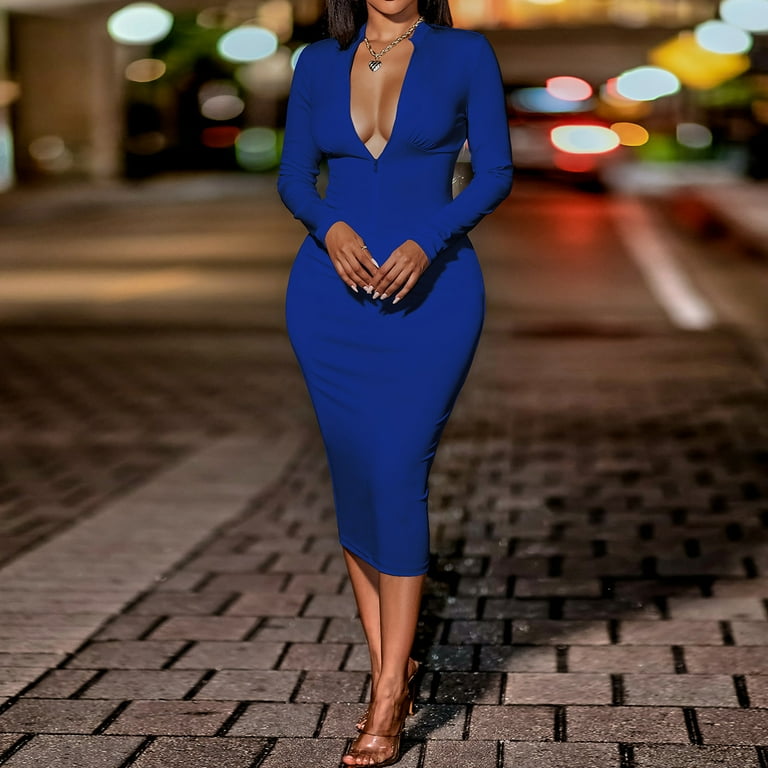Ladies Casual Ladies Casual Zipper Long Sleeve Slim Fit Dress Women Junior Dresses Sleeveless Knee Length Dress V Neck Dresses Long Sleeve Dresses Womens Strapless Dresses Summer Midi Dress Girls Knee