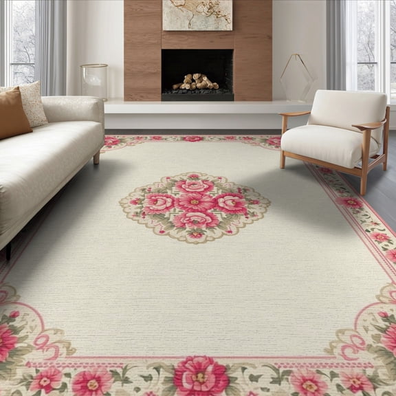 ODIKA 8'x10' Washable Area Rug Pink Cute Preppy Polka Dot Field Ribbon Border Scattered Motifs for King Size Bedroom Under Bed, Master Suite, Non-Shedding, Easy Care