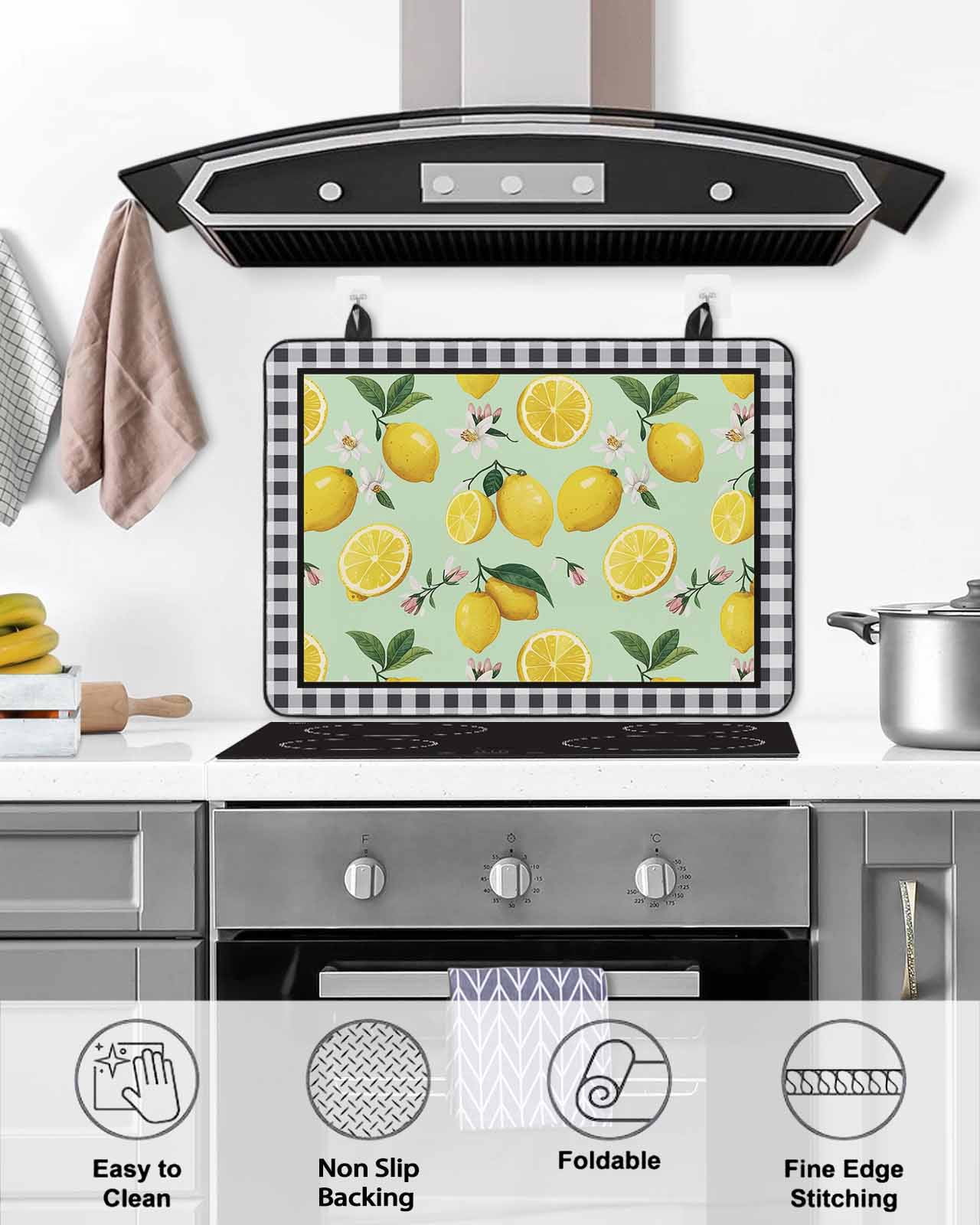 Large Induction Cooktop Protector Mat Lemons Stove Top Covers for Electric Stove, Summer Botanical Black White Plaid Pastoral Decorative Stove Burner Cover Mats, Glass Top Stove Cover