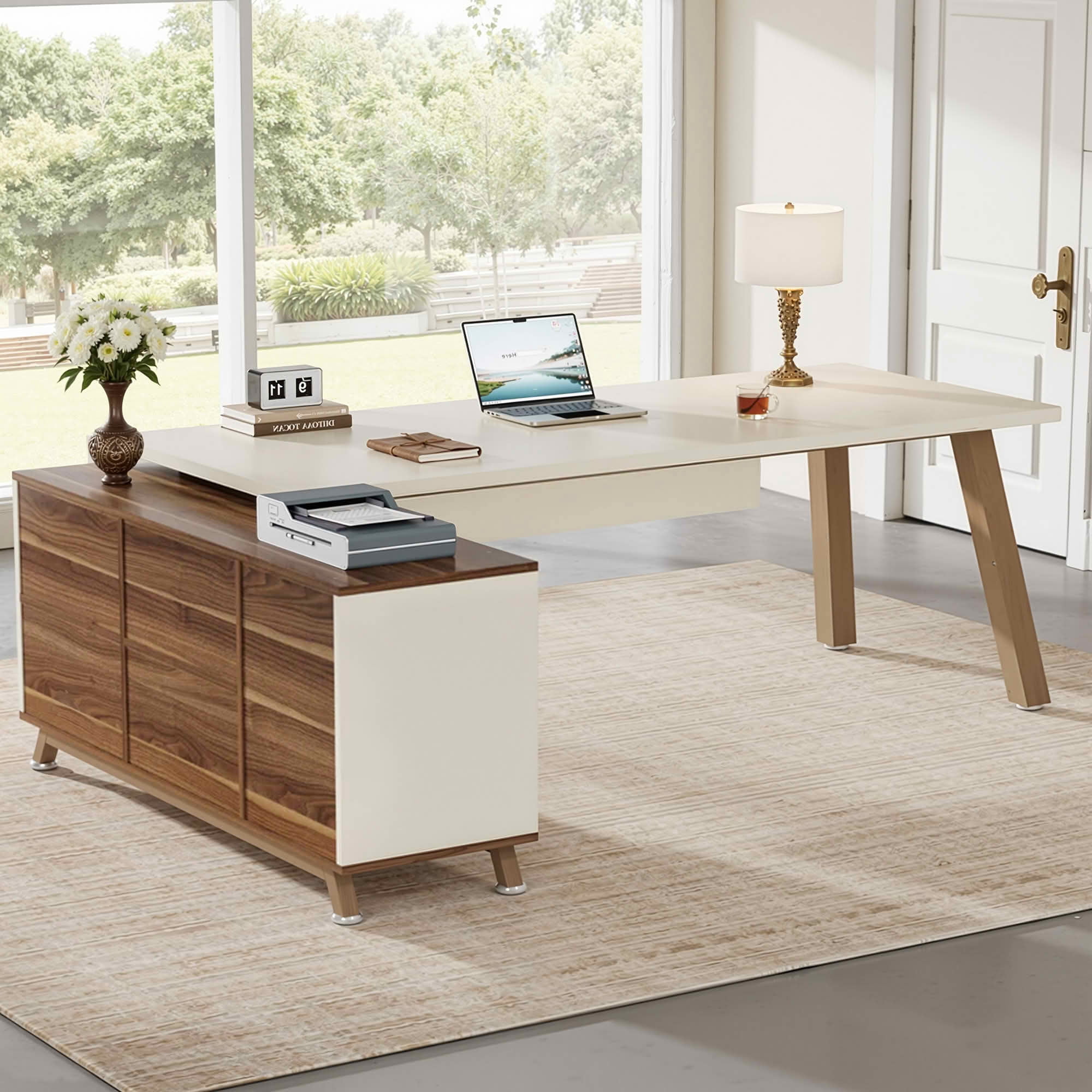 MAYEERTY 71 Inch L-Shaped Executive Computer Desk with File Drawers & Open Storage Shelves, E0-Grade Scratch Resistant Board Metal Frame Workstation for Home & Professional Office
