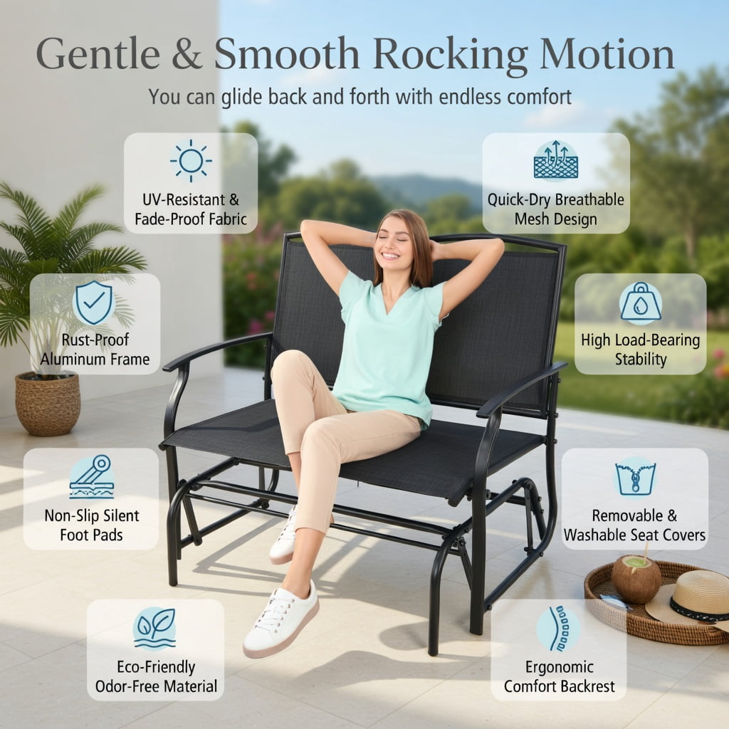 Hommoo Heavy-Duty Steel Outdoor Rocking Loveseat Chair, Textilene Patio Rocker for Backyard, Lawn, Deck or Indoor Use, Black