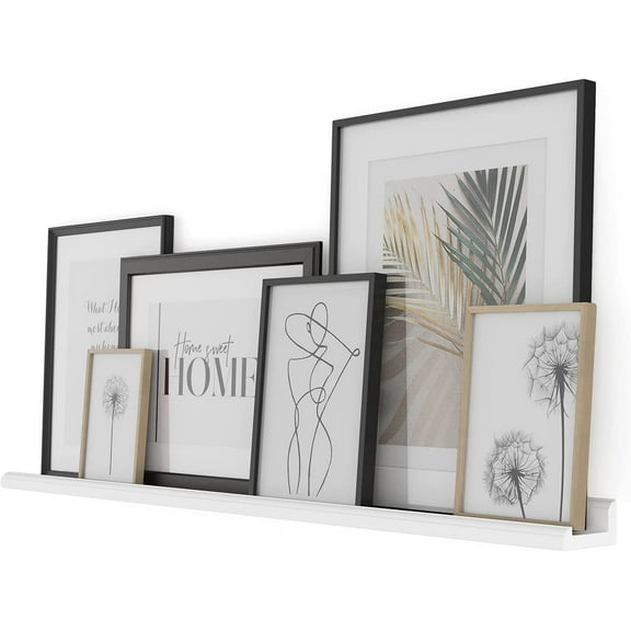 Wallniture Boston 46 Inch White Wall Shelf for Picture Frames, Narrow Picture Ledge Shelf for Wall Decor, Wood