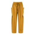 thumbnail image 4 of Drawstring Pants for Women Plus Size Wide Leg Linen Elastic Waist High Waisted Ankle Length Trousers Lounge Vacation Gaucho Pantswith Pockets Yellow XXL, 4 of 9