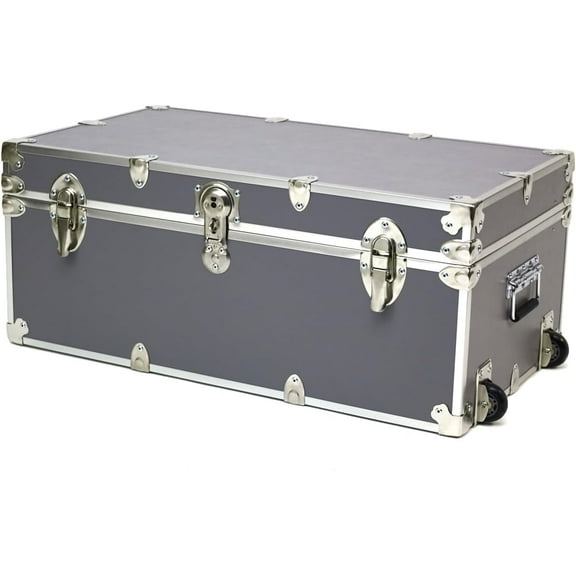 Rhino Trunk & Case Large Essential Summer Camp Trunk with Wheels - Camping Storage Chest - Ideal Footlocker for Campers - Strong 1000  Pound Sitting Capacity Trunks 32"x18"x14" (Gray)