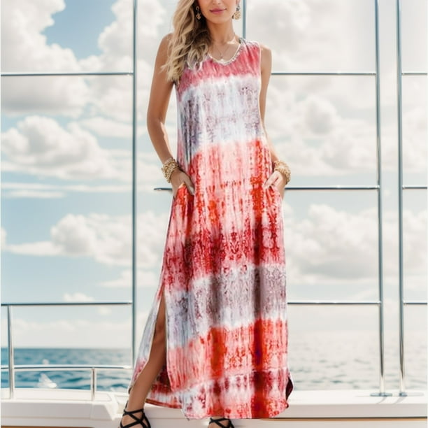 Gibobby Vestido de verano casual para mujer Falda larga de las mujeres europeas y Estampado de verano Corte suelto Vestido de chaleco sexy Mujer con bolsillo Rojo CH Bodega Aurrera en linea