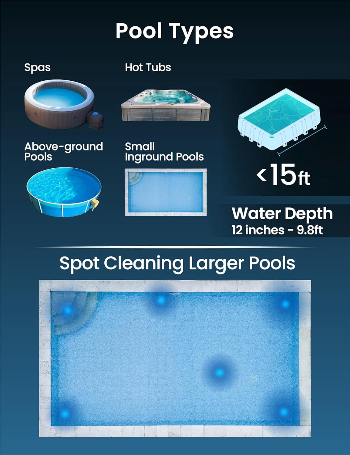 Cordless Handheld Pool Vacuum for Above Ground Pool, with 6ft Pole and 2 Vac Brush Heads, Ideal for Spot Cleaning Small Inground Pool Spa up to 20ft, Rechargeable, 60min, Sand and Light Debris