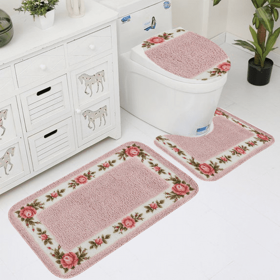 3 Pcs Rose Flowers Bathroom Rugs Set Coquette Room Decor Floral Bath Mat U Shaped Toilet Rug Non Slip Absorbent Floral Bath Carpet(Pink)
