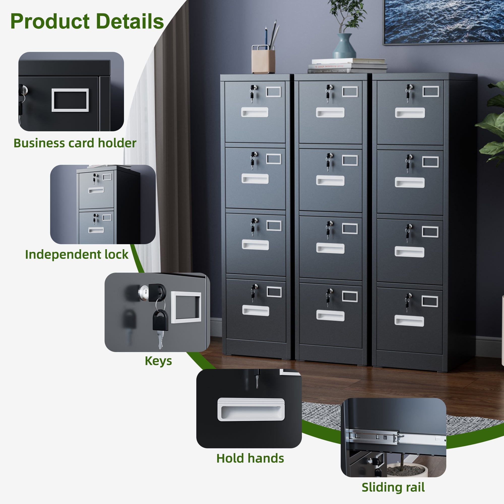 HUAXRON 4 Drawer Locking Metal Vertical File Cabinet with 4 Individual Locks and Hanging Folders for Office, School, Home, Assemble Required (Black)