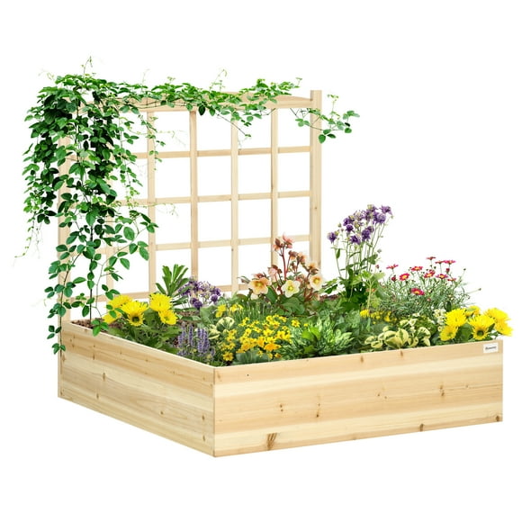 Outsunny Large Raised Garden Bed Wooden Planters Box with Trellis, Natural