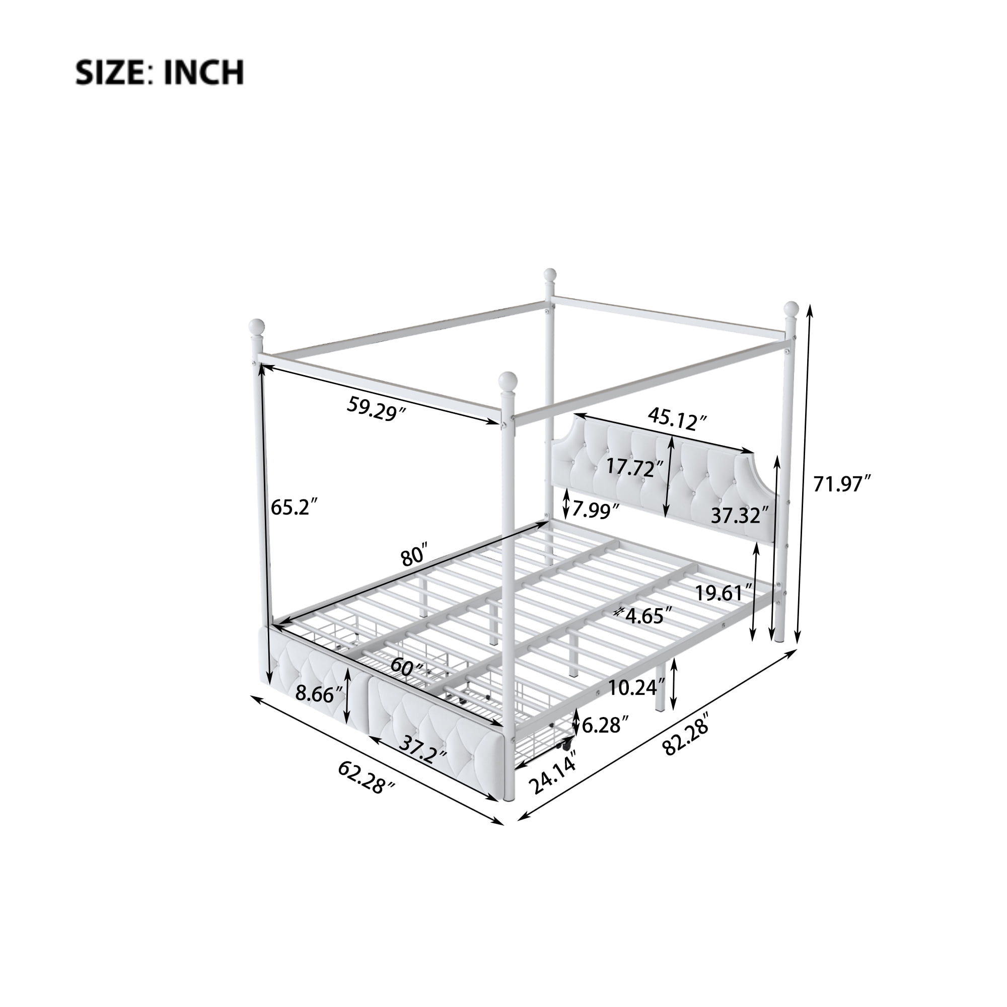 Euroco Wood Queen Size Canopy Platform Bed with Four Support Legs and 2 Drawers for Kids Teens Adults, White