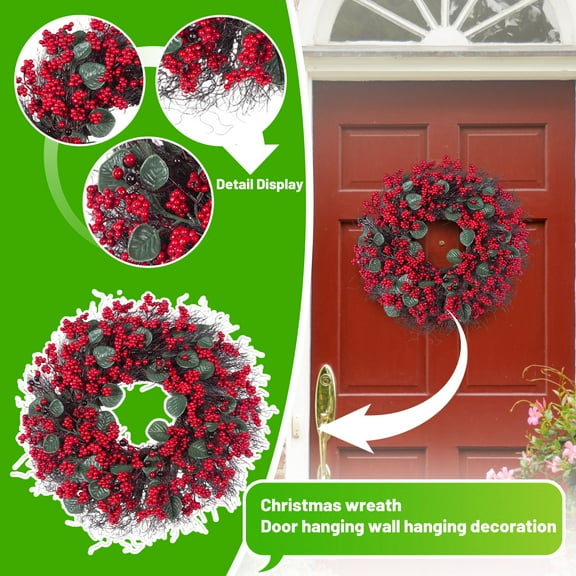 17.71" Red Berries Stems Christmas Wreaths for Front Door, with Cypress Leaf Red Berries Artificial Chrismas Wreath, Xmas Winter Door Reef Wreath Home Wall Window Decor