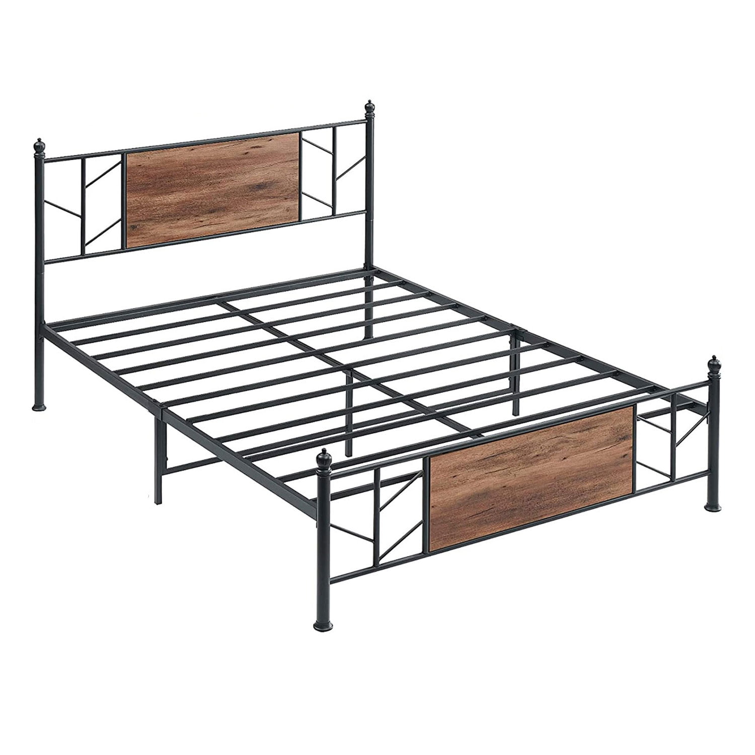 Black Queen Metal Platform Bed Frame with Wood Headboard and Footboard