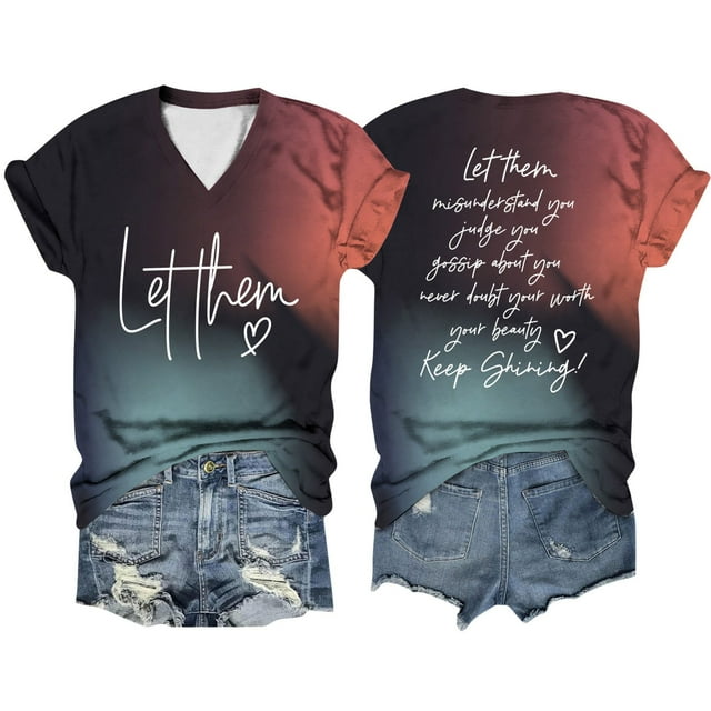 WEIYLL Ladies T Shirts Double Letter Gradient Printed Short Sleeved V Neck Black Tees Sizes S