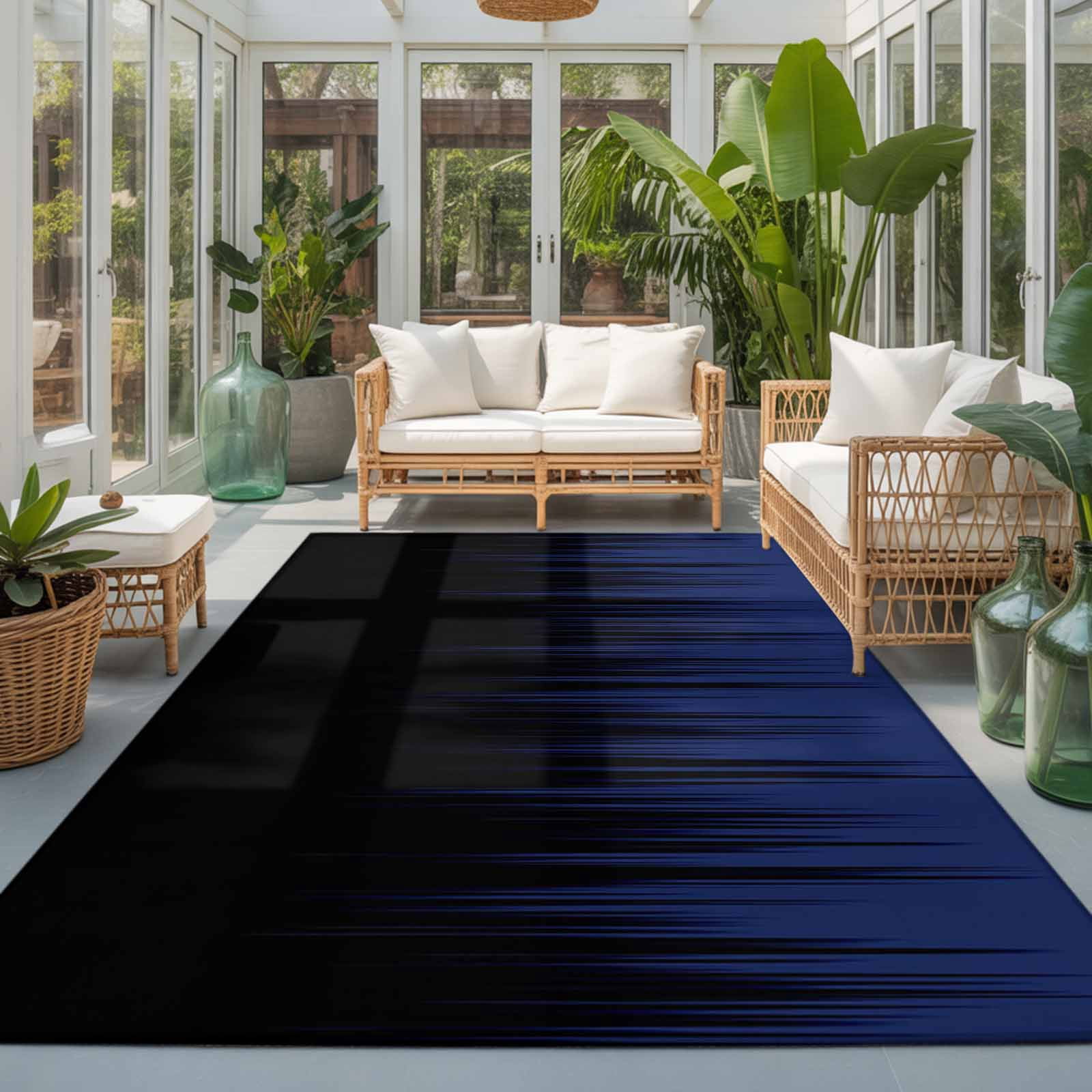 Large Area Rugs 8'x10', Navy Blue Black Ombre Carpet Runner Indoor Outdoor Rugs Home Decor Aesthetic, Modern Abstract Striped Gradient Non Slip Mats Washable Accent Rug for Living Room Bedroom