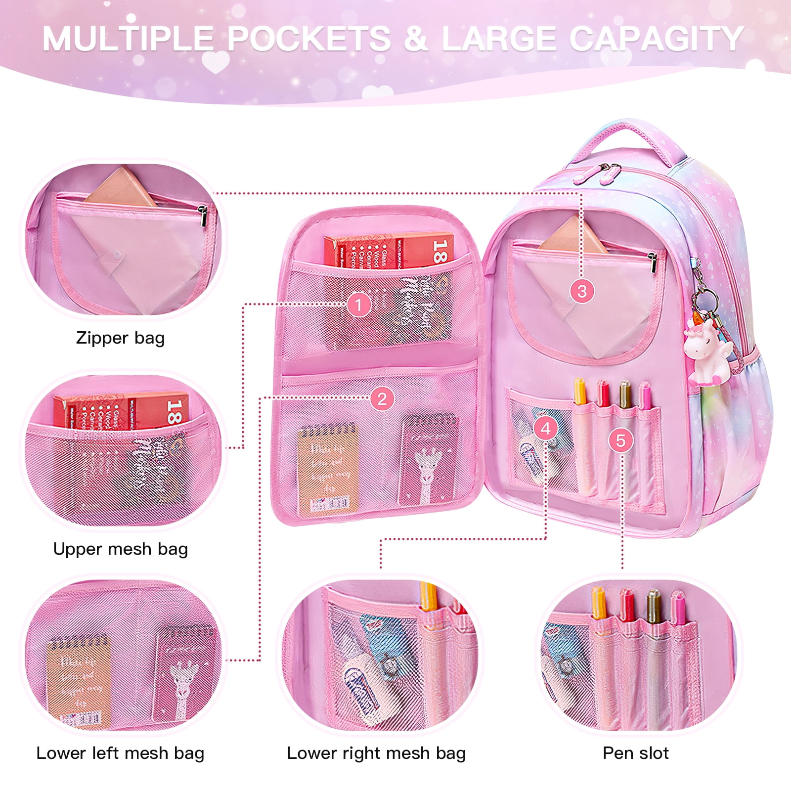 Kadyn Girls Backpack, Waterproof Princess School Backpacks for Teen Girl Kid Students, Cute Book Bag with Compartments and Lunch Bag, Pink Kadyn Girls Backpack, Waterproof Princess School Backpacks for Teen Girl Kid Students, Cute Book Bag with Compartments and Lunch Bag, Pink