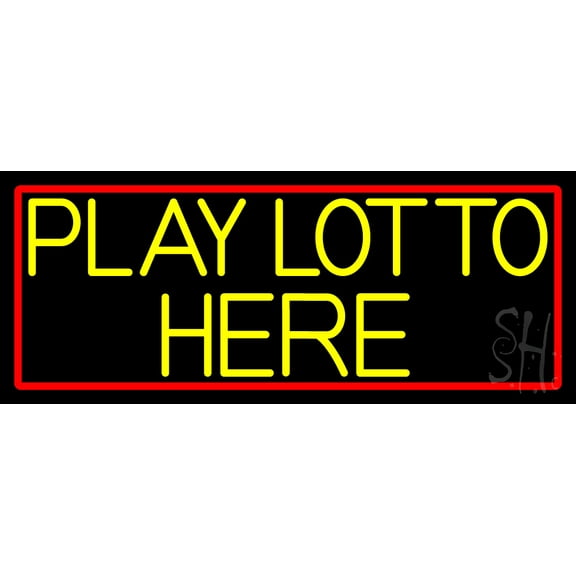 Yellow Play Lotto Here LED Neon Sign 13 x 32 - inches, Black Square Cut Acrylic Backing, with Dimmer - Bright and Premium built indoor LED Neon Sign for Defence Force.