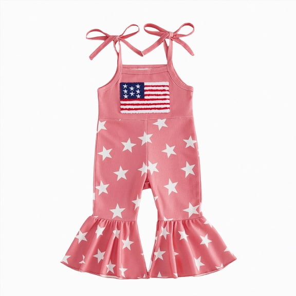 Leey-World Infant 4th Of July Outfit Boy Toddler Baby Girl 4th of July Outfit American Flag Overalls Embroidery Romper Flared Bell Bottom Suspender Pants(Red,2-3 Years)